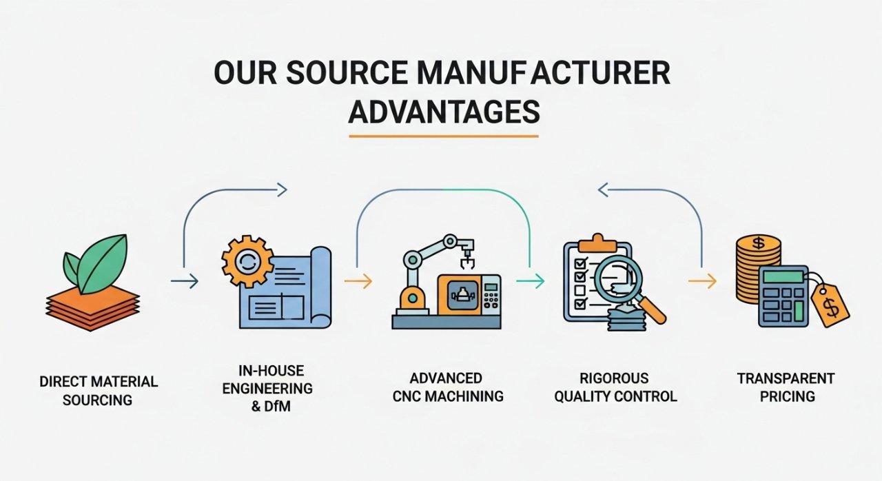 Eine Vektorgrafik-Infografik mit dem Titel "Vorteile unseres Quellenherstellers", die einen optimierten Produktionsablauf veranschaulicht. Sie zeigt miteinander verbundene Symbole, die wichtige Vorteile darstellen: Direkte Materialbeschaffung, In-house Engineering & Design for Manufacturability (DfM), Fortschrittliche CNC-Bearbeitung, Strenge Qualitätskontrolle und Transparente Preisgestaltung, und zeigt einen effizienten, integrierten Prozess vom Konzept bis zum Endprodukt.