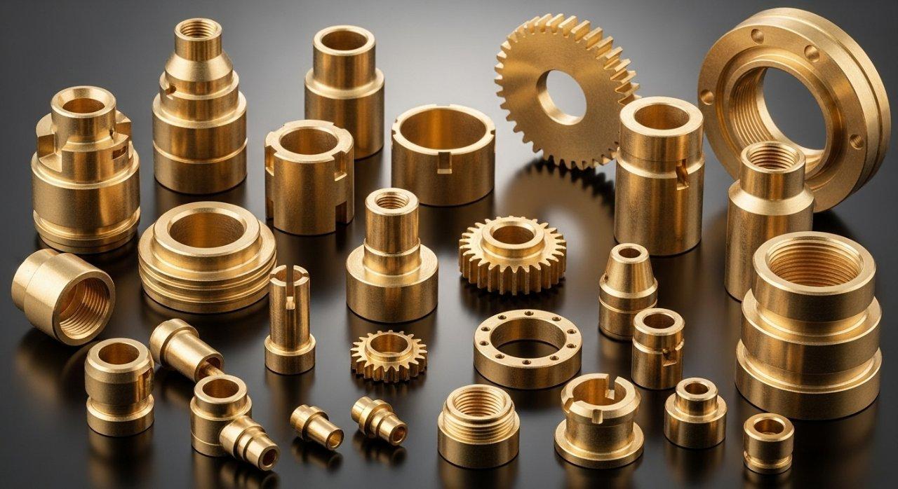 Una imagen vibrante en primer plano de una colección de productos que muestra una variedad de piezas de precisión en latón mecanizadas por CNC. La colección destaca componentes de diferentes tamaños, complejidades y aplicaciones, como conectores, engranajes, válvulas, casquillos y piezas médicas críticas, todos fabricados con un excelente acabado superficial y tolerancias estrictas.