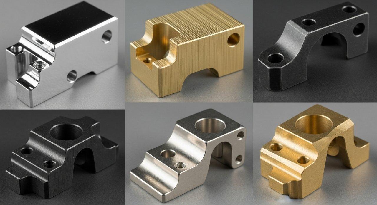 Eine lebendige Collage aus hochpräzisen Messing-CNC-gefertigten Teilen, die jeweils eine unterschiedliche Oberflächenbehandlung demonstrieren. Zu den vorgestellten Oberflächenbehandlungen gehören hochpolierte,