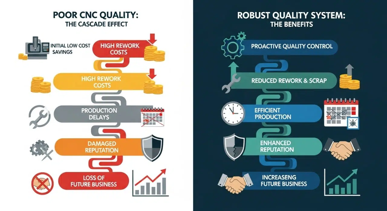 Kötü CNC kalitesinin zincir etkisini gösteren canlı vektör infografik, başlangıçtaki düşük maliyet tasarruflarının yüksek yeniden işleme maliyetlerine nasıl yol açtığını gösteriyor