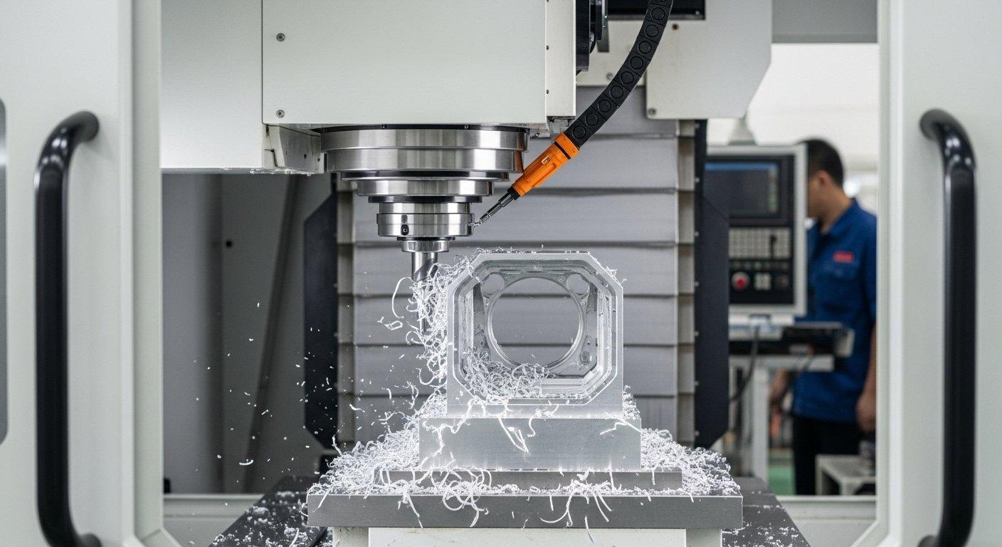 Centro de mecanizado CNC avanzado de 5 ejes cortando con precisión una intricada carcasa de aluminio para cámara, con la herramienta creando virutas finas. Destaca la precisión