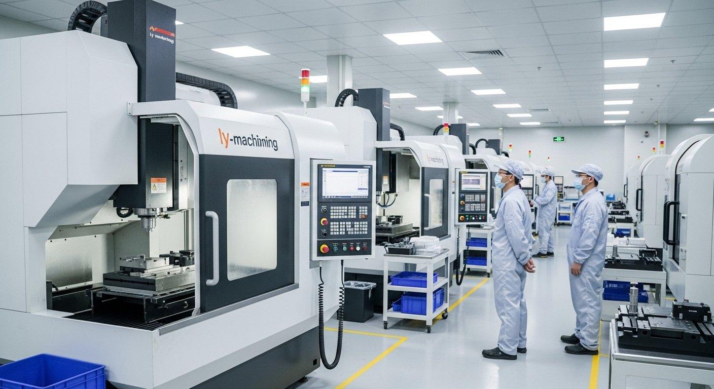 Machines CNC multi-axes avancées dans l'usine moderne de ly machining à Shenzhen, Chine, coupant précisément des matériaux haute performance. Ingénieurs en c