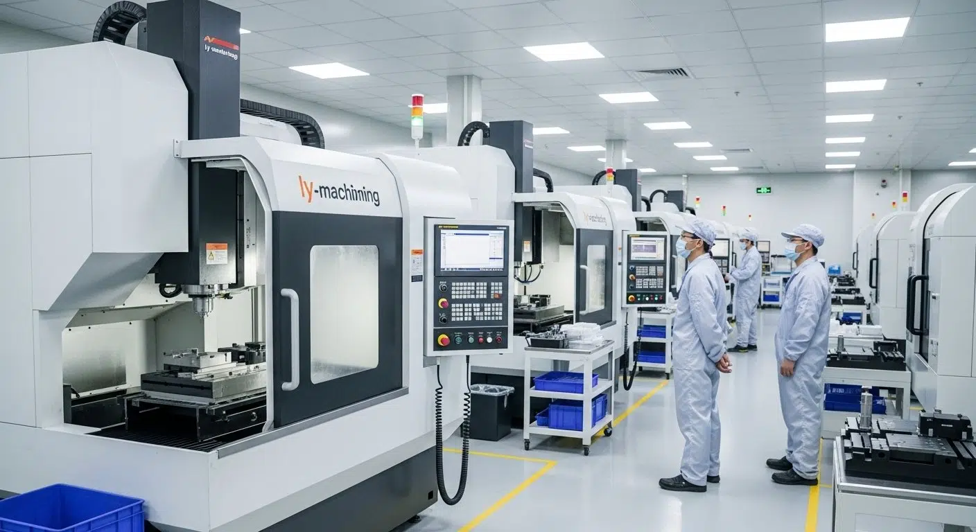 Máquinas CNC multieje avanzadas en la moderna fábrica de ly en Shenzhen, China, cortando con precisión materiales de alto rendimiento. Ingenieros en c