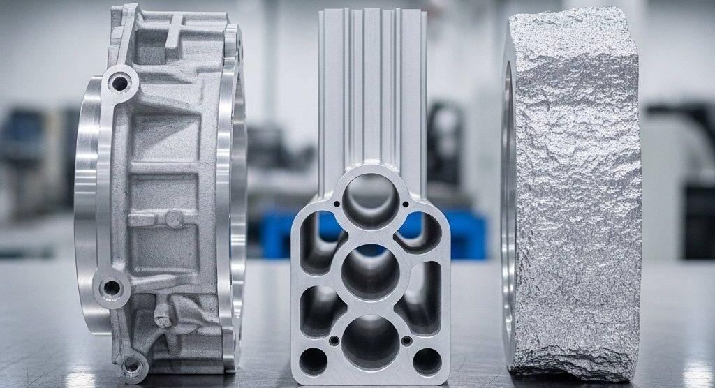 Aluminium-Gussteile, extrudierte und geschmiedete Komponenten auf einer Werkbank in einer Fabrik in Shenzhen, die Rohformen und CNC-gefertigte Oberflächen zeigen. Ein Bauplan o 1 e1760323980995