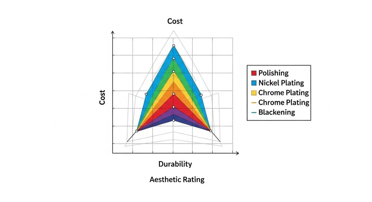 Ein leicht verständliches Vektordiagramm, das die Kosten, Haltbarkeit und ästhetische Bewertung beliebter Messing-Oberflächenbehandlungen vergleicht, einschließlich Polieren, Nickel