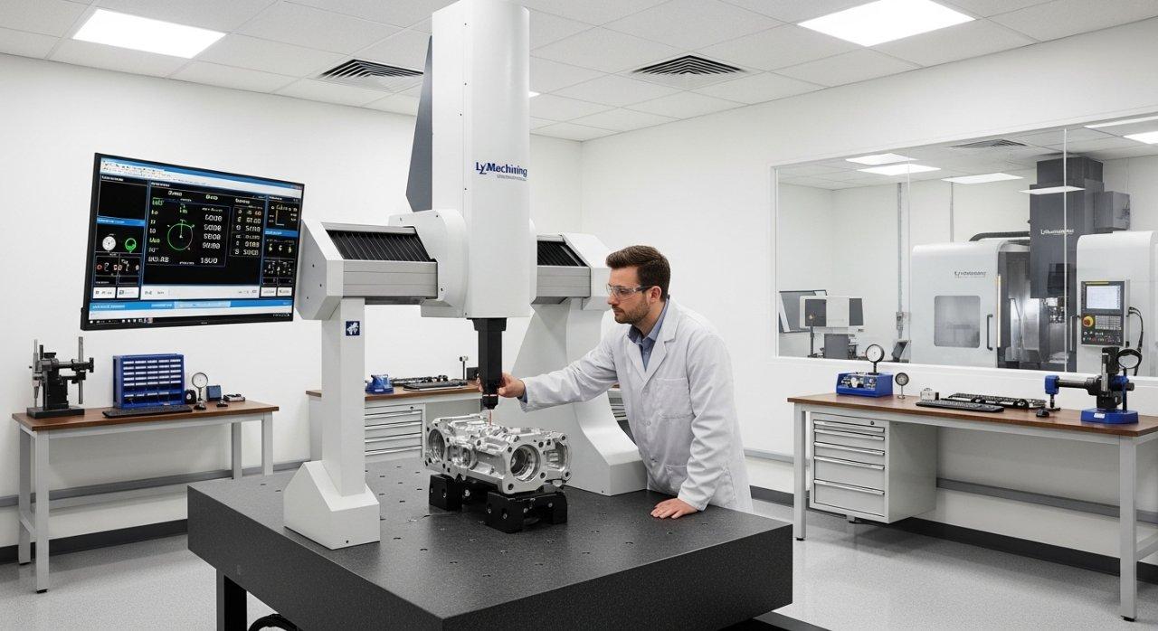 Ein Ingenieur bei ly machinings hell erleuchtetem, sauberen Qualitätskontrolllabor überprüft sorgfältig ein komplexes CNC-gefertigtes Bauteil mit hoher Präzision.