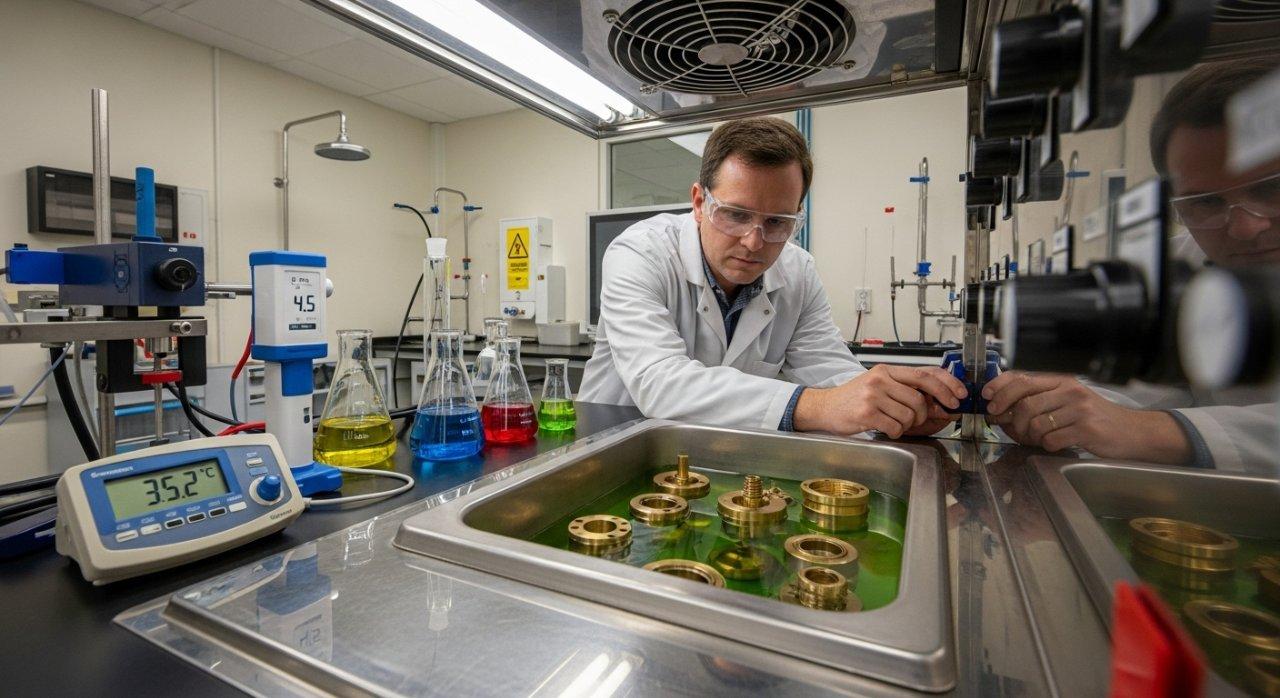 Ein Ingenieur in einem Labor überwacht sorgfältig ein chemisches Bad, in dem Messingteile eine präzise Umwandlungsbehandlung durchlaufen. Das Bild em