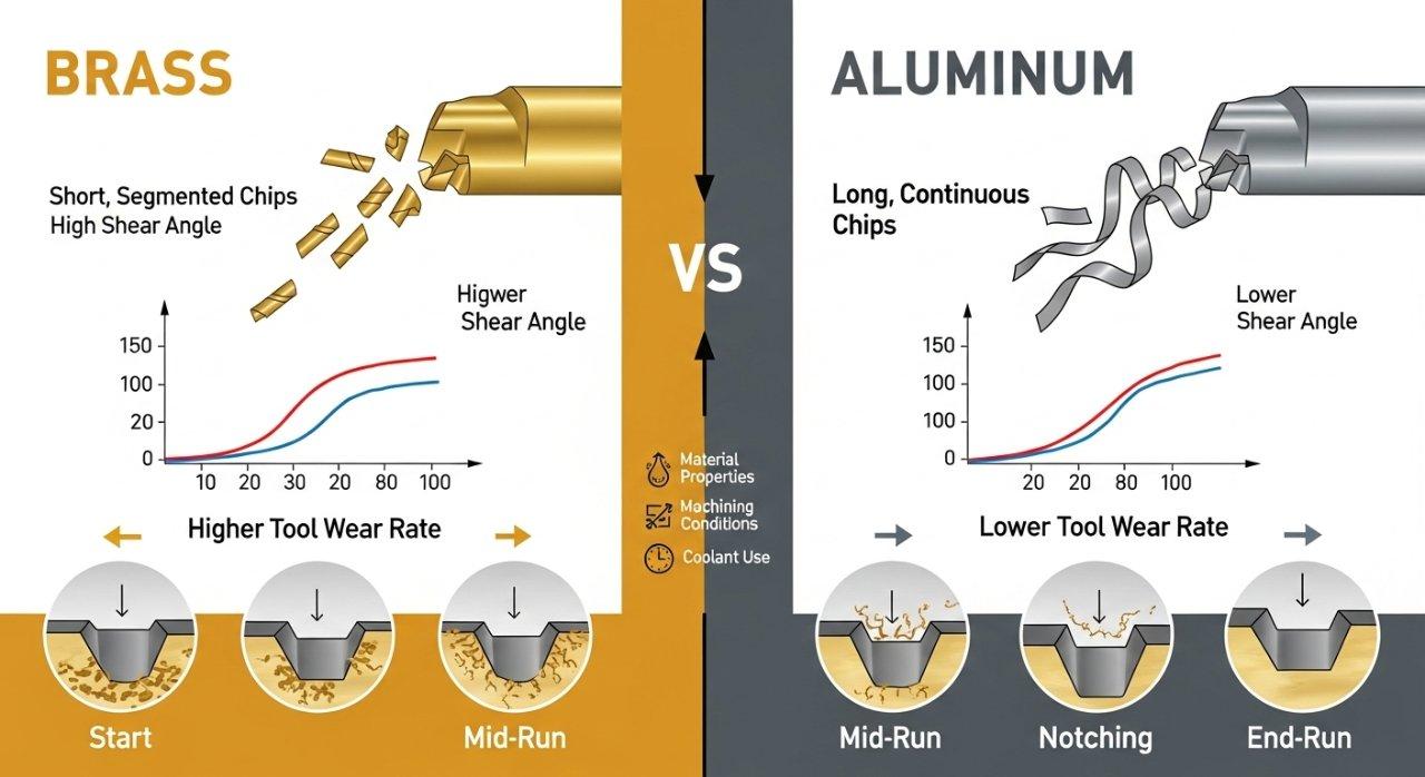 An infographic comparing chip formation patterns and tool wear rates during CNC machining of brass versus aluminum. It visually depicts short, curly chips from brass alongside longer, ribbon-like chips from aluminum, and illustrates the difference in tool edge degradation over time for each material.