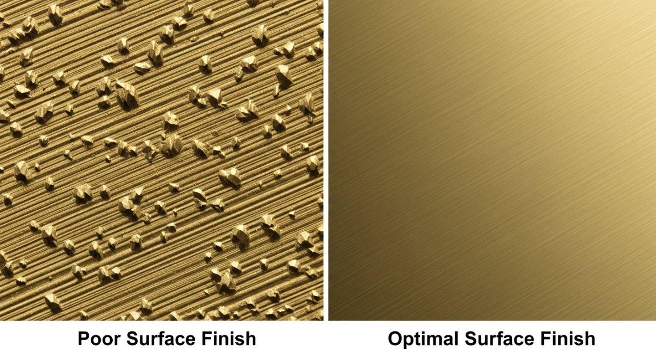 An infographic comparing microscopic views of brass surfaces one labeled Poor Surface Finish showing visible tool marks and micro burrs contra