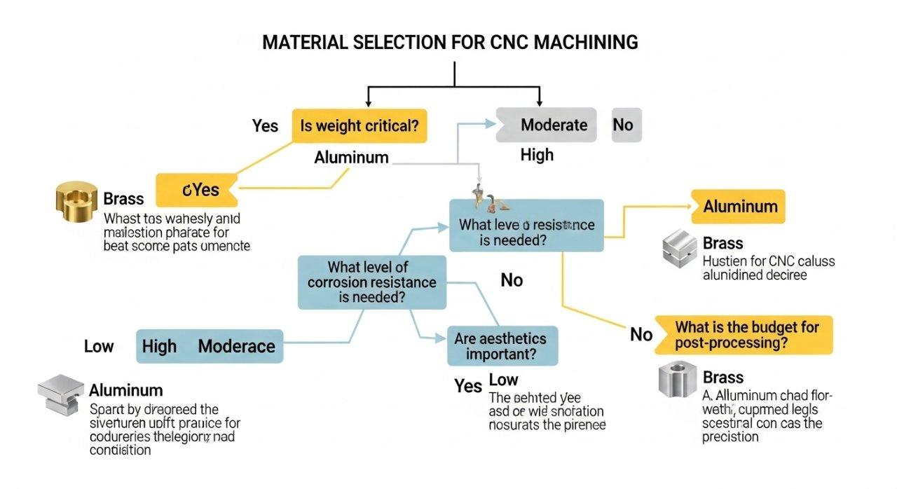 An infographic decision tree guiding the CNC machining material selection process, comparing properties of brass and aluminum. It features a checklist of critical questions like weight, corrosion resistance, aesthetics, and post-processing budget to help users choose the optimal material for their engineering project.