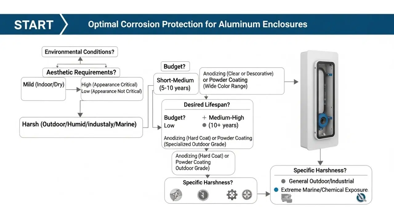 Un árbol de decisiones infográfico que guía la selección de la protección contra la corrosión óptima para recintos de aluminio. Este diagrama de flujo ayuda a los usuarios a elegir los mejores tratamientos de superficie preguntando sobre las condiciones ambientales, presupuesto, vida útil deseada y requisitos estéticos para diversas aplicaciones industriales.