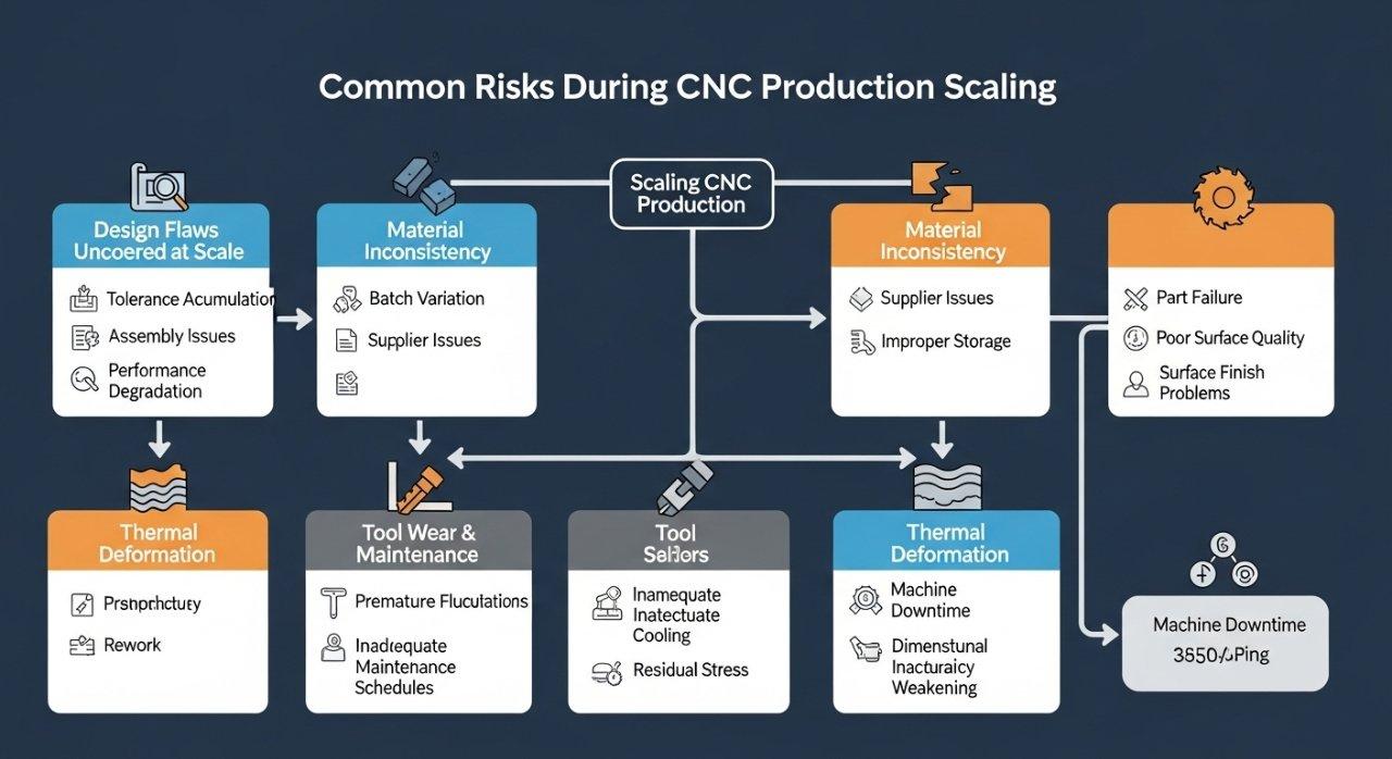 Un diagrama de flujo infográfico que detalla los riesgos comunes en la escalada de producción CNC. Ilustra desafíos críticos como fallos de diseño detectados a escala, inconsistencia de materiales, desgaste y mantenimiento de herramientas, deformación térmica, inestabilidad en los fijadores y brechas en el control de calidad, cada uno representado con un pequeño icono, sirviendo como guía visual para gestionar la expansión de la fabricación CNC.