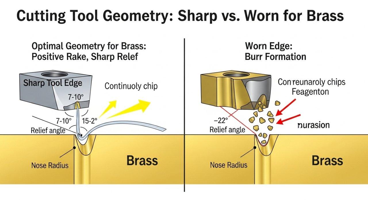 Una infografía que ilustra la geometría óptima de la herramienta de corte para latón comparando bordes afilados frente a bordes desgastados para minimizar la formación de rebabas