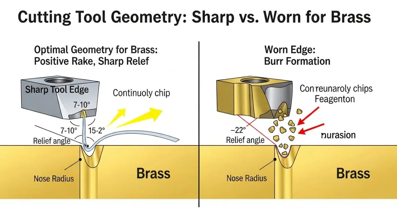 Pirç için en uygun kesici takım geometrisini gösteren, keskin ile aşınmış takım kenarlarını yan yana karşılaştıran infografik, çapak oluşumunu en aza indirir