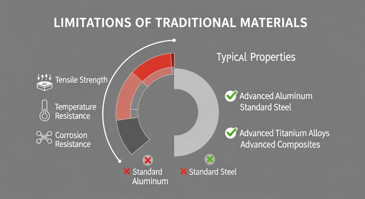 Eine Infografik mit dem Titel Grenzen traditioneller Materialien, die wichtige technische Eigenschaften traditioneller Materialien wie Standard vergleicht