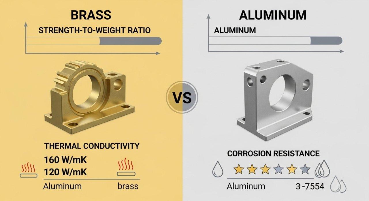 An infographic visually comparing key performance characteristics of CNC machined parts made from brass and aluminum. Data includes strength-to-weight ratio (bar graph), thermal conductivity (numerical), and corrosion resistance (scale) to aid in material selection for machining projects.