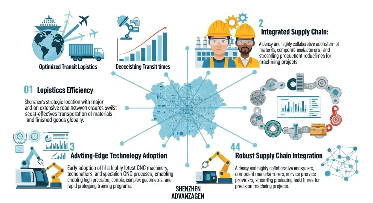 Una infografía que detalla visualmente las ventajas clave de Shenzhen como centro de fabricación global para el mecanizado CNC de precisión, destacando su eficiencia logística, pool de mano de obra calificada, adopción de tecnología avanzada y robusta integración de la cadena de suministro mediante íconos interconectados.