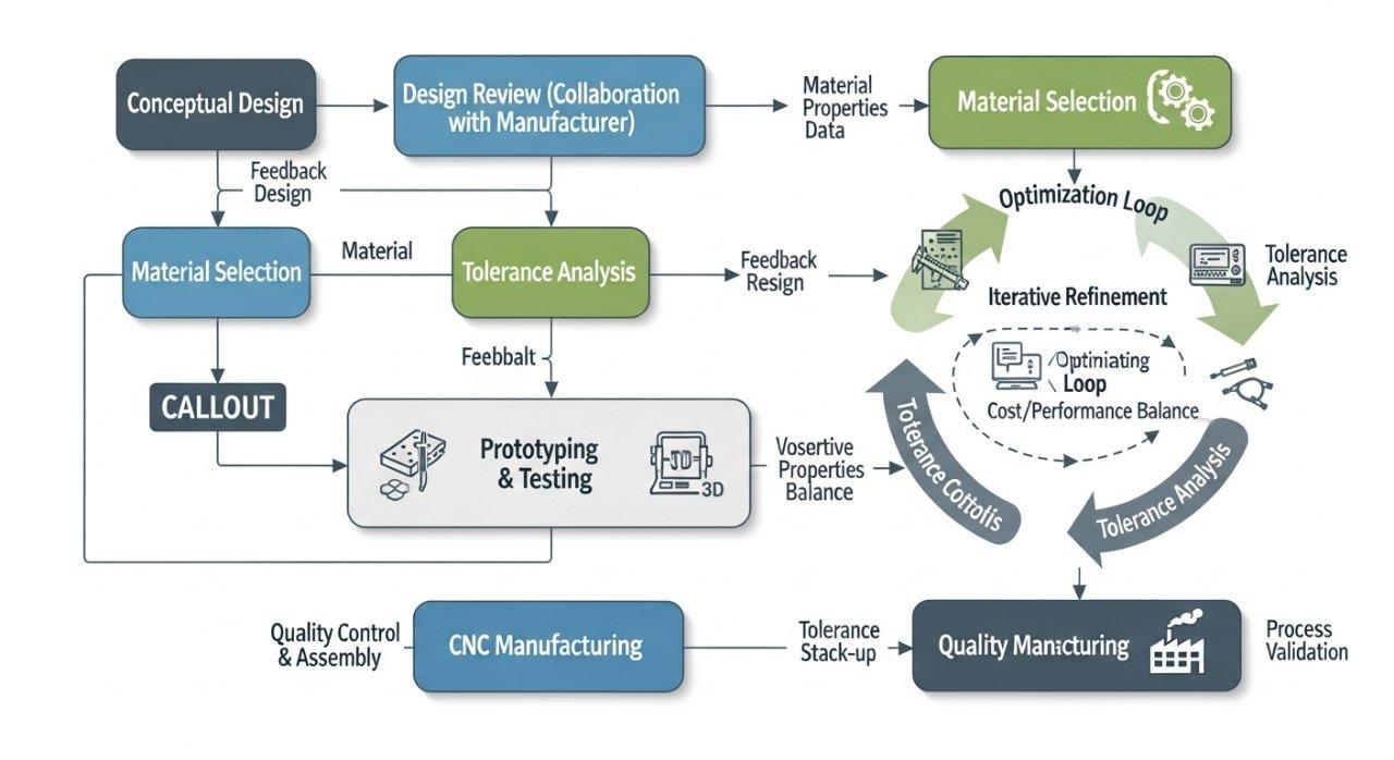 Ein komplexer Vektorfliessdiagramm, das den iterativen Design for Manufacturability (DFM)-Prozess für maßgeschneiderte CNC-gefertigte Teile veranschaulicht. Es zeigt die einzelnen Schritte