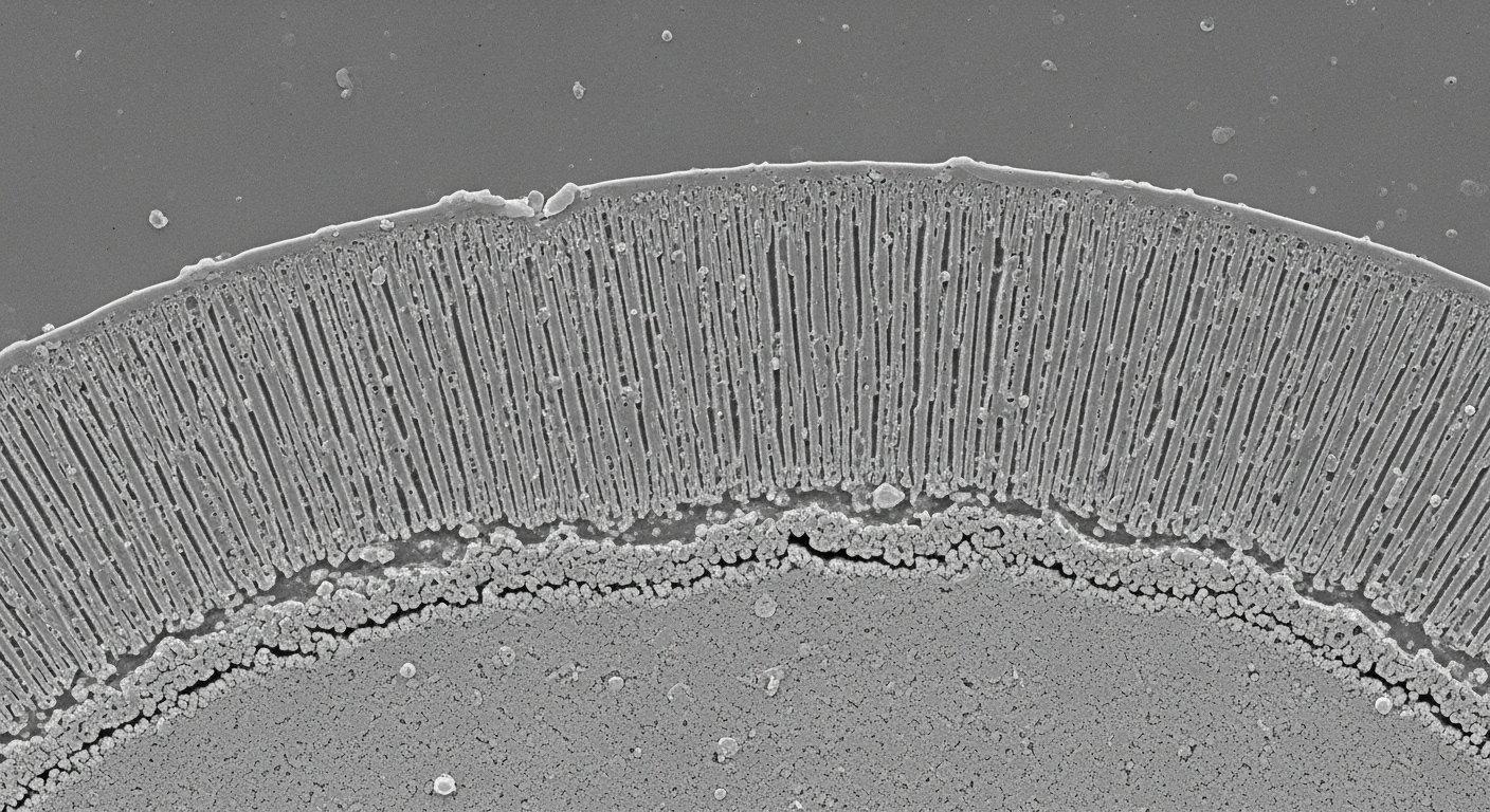 Sección transversal del aluminio anodizado con óxido columnar