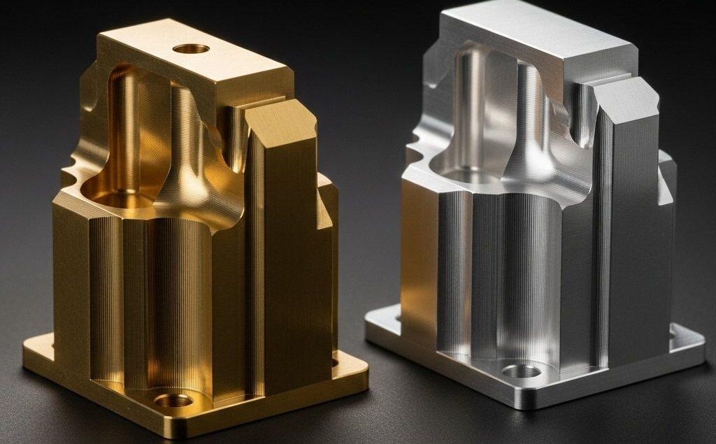 Brass vs. Aluminum: Decorative Surface Treatment Differences 1 Artfully lit studio shot high angle view of two intricately machined decorative components side by side. A polished brass part reflects a warm g 1 e1761636033922