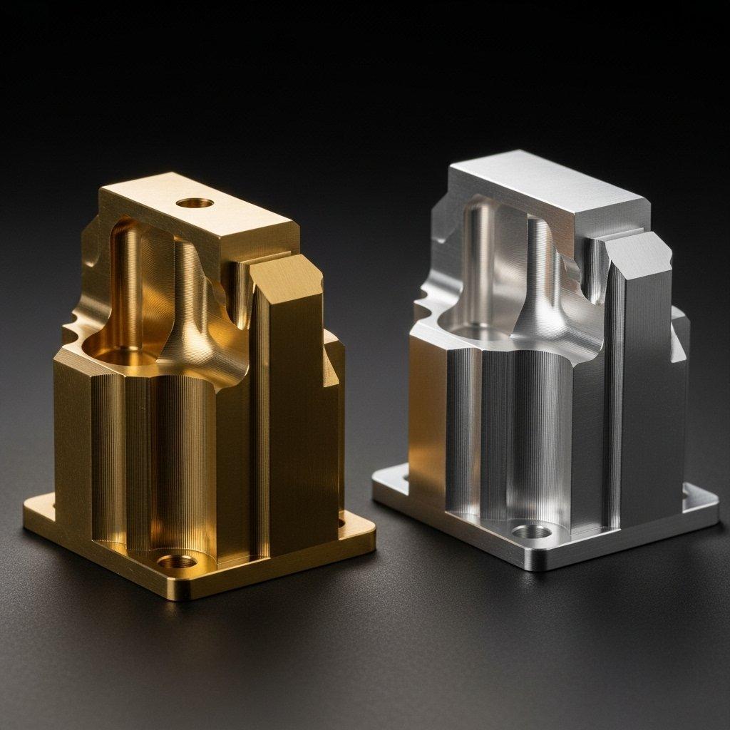 Artfully lit studio shot, high-angle view, of two intricately machined decorative components side-by-side. A polished brass part reflects a warm golden glow, positioned next to a clear anodized aluminum component featuring a sleek, modern satin-matte silver finish. Both pieces showcase precise CNC machining details.