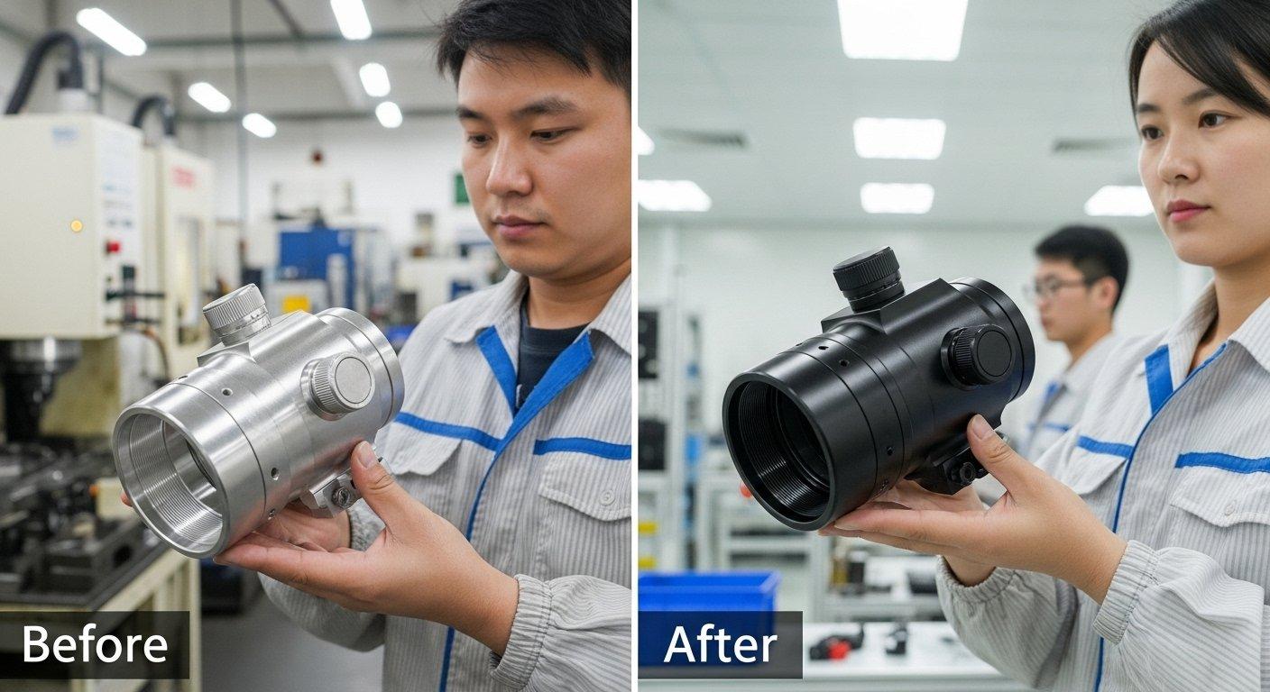 Vorher Nachher: Transformation eines CNC-gefertigten Gehäuses für optische Spektive vom Rohaluminium bis zum eleganten, mattschwarzen anodisierten Finish, das Präzision zeigt