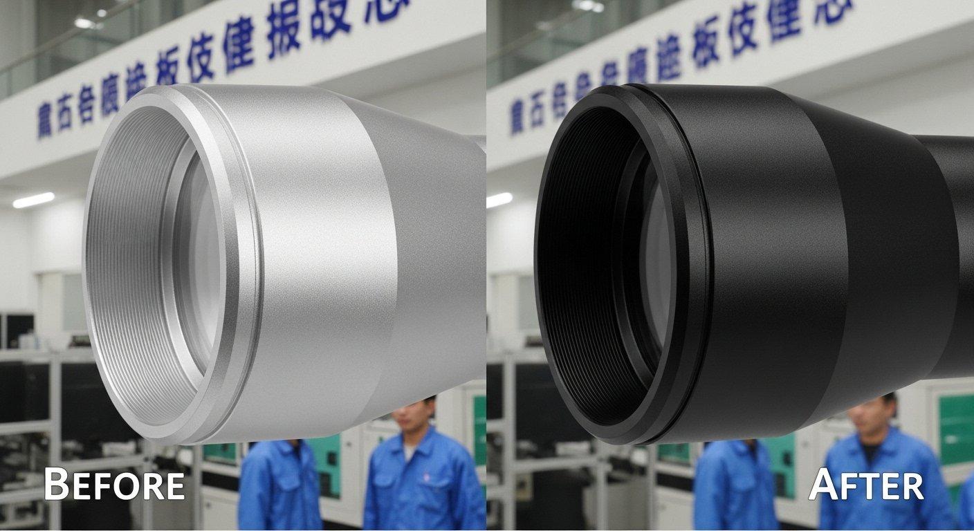 Before and after comparison of an optical scope housing showing a raw CNC machined aluminum surface next to the same housing with a durable dark