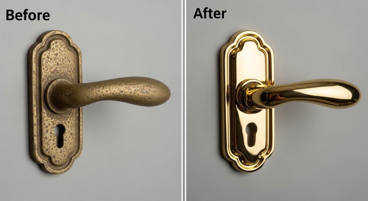 Before-and-after photo showcasing a dramatic transformation from a raw, dull, unpolished brass door handle casting to an impeccably polished, gold-plated, and lacquered "heritage gold" decorative metal finish that beautifully catches the light.