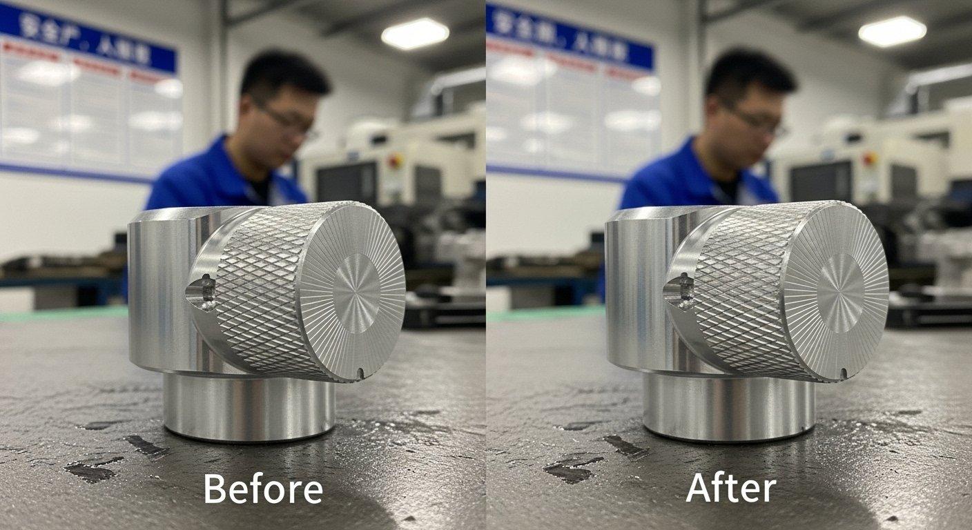 Vista de antes y después de perillas de metal mecanizadas por CNC que ilustran la progresión del proceso de mecanizado, una perilla muestra marcas iniciales de herramienta y rebabas