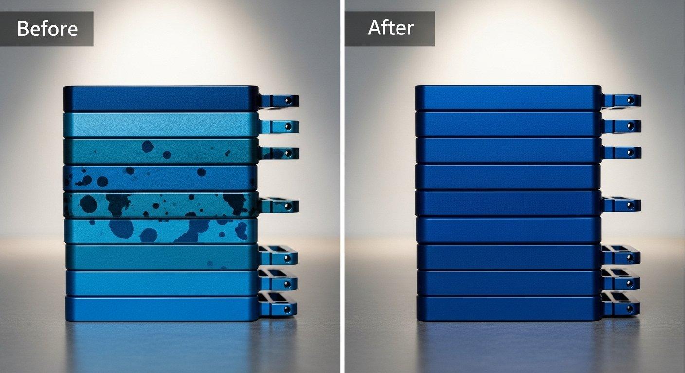 Cajas anodizadas antes y después, color uniforme