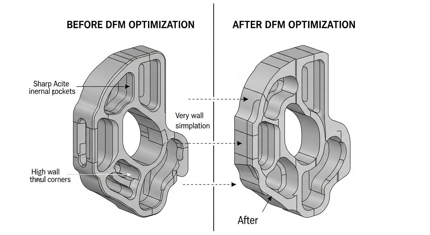 Antes y después de la optimización DFM de la pieza CNC personalizada