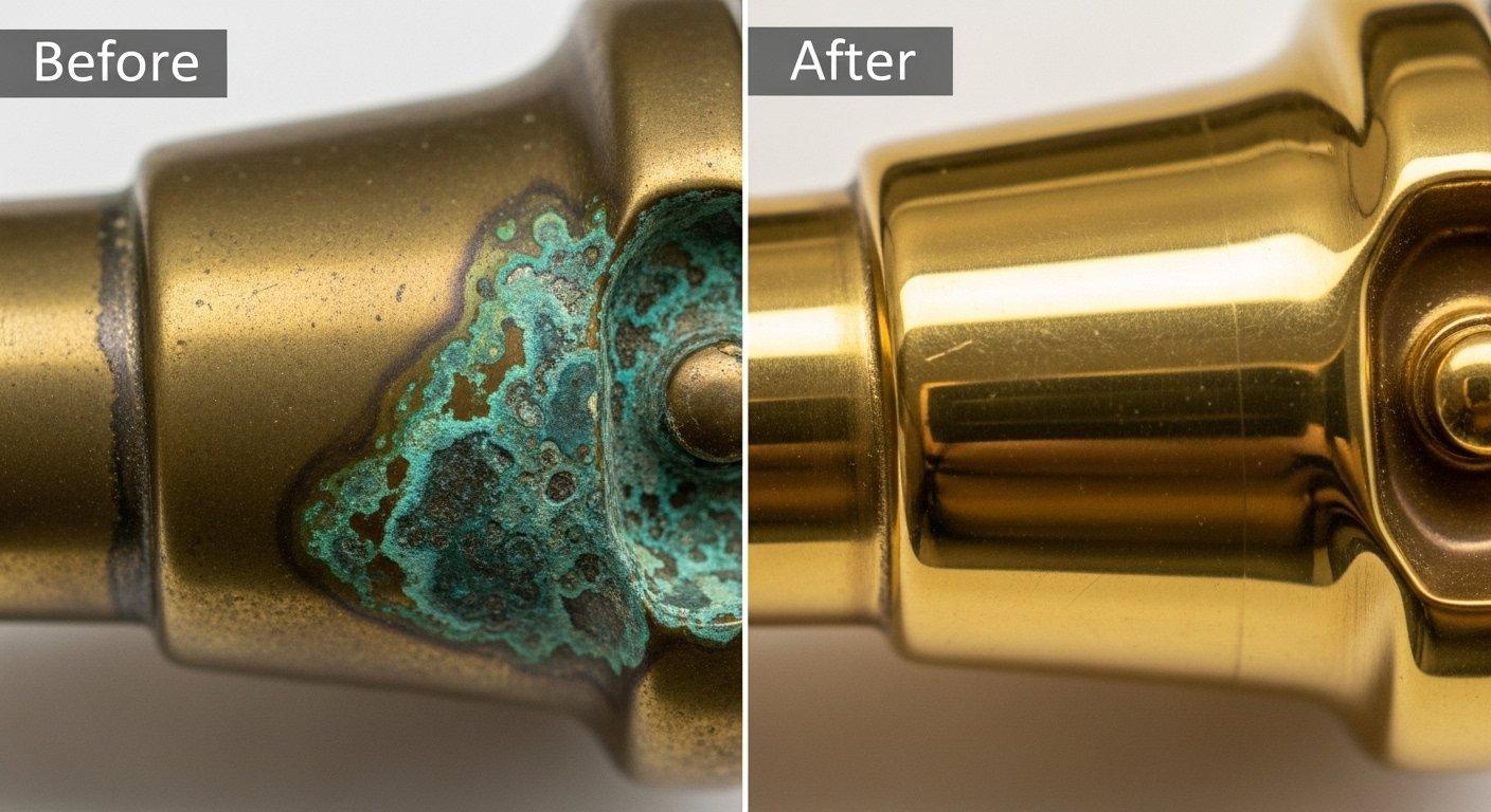 Componente de latón oxidado antes, pristino después