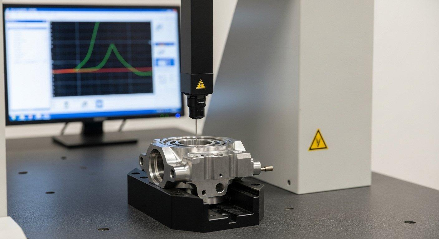 CMM inspeccionando pieza CNC con sonda en granito