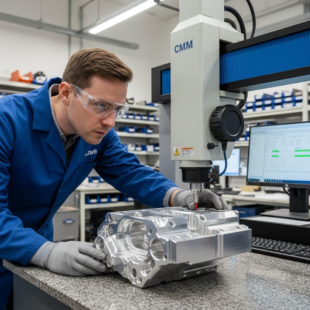 An engineer meticulously inspects a complex CNC machined aluminum part using a Coordinate Measuring Machine (CMM). The CMM probe is visible touching the part, with a digital display showing precise measurements, highlighting advanced quality control in manufacturing.