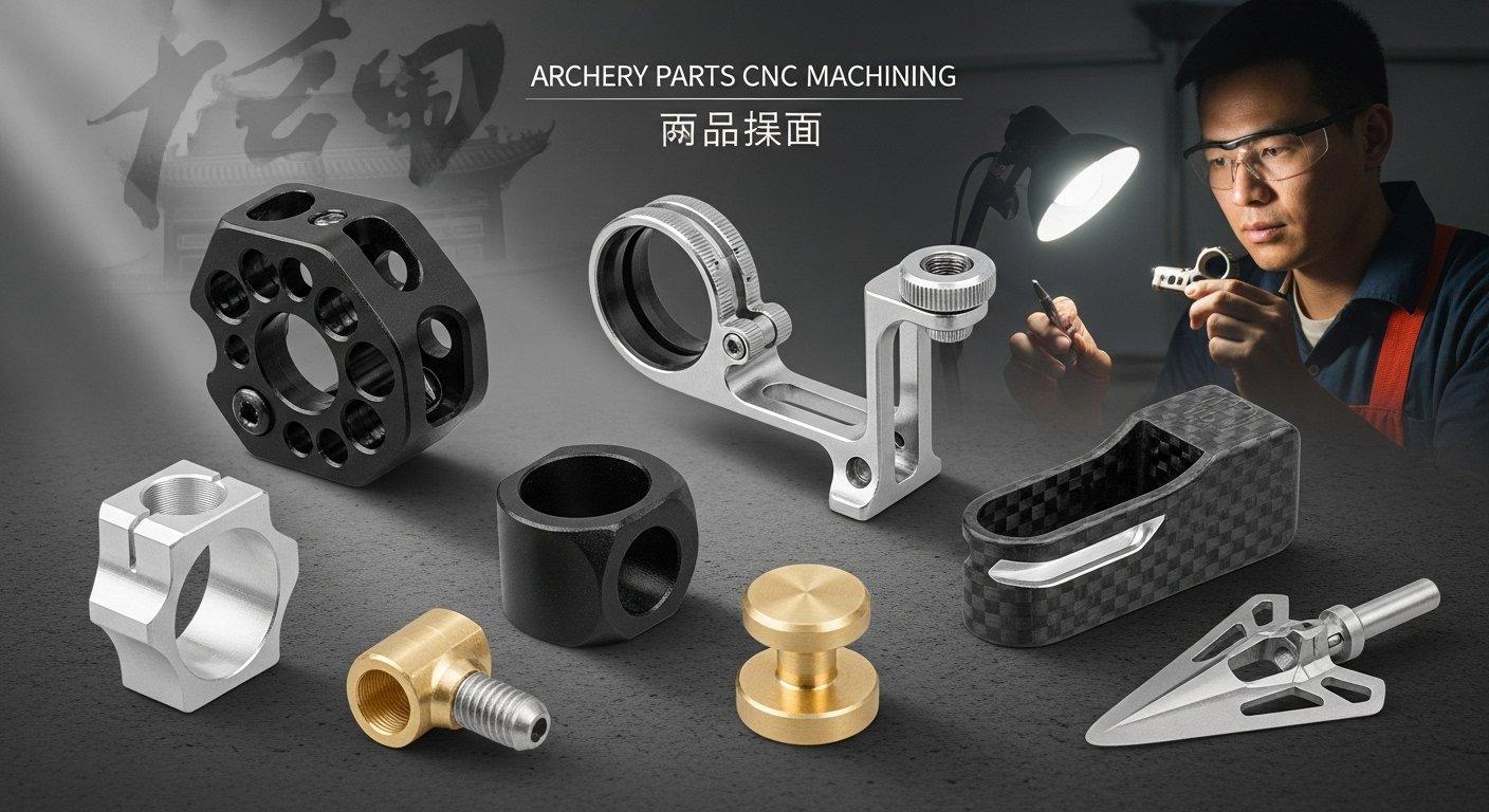 Collage de composants d'archerie usinés par CNC présentant divers matériaux : cames en aluminium anodisé noir, pièces de visée en acier inoxydable poli et carbo