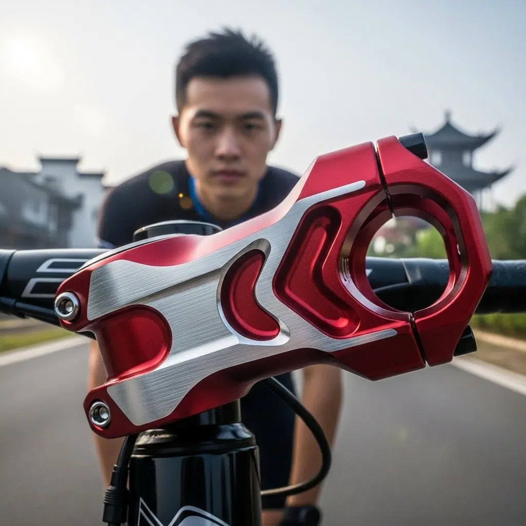 İnce geometrili ve anodize kaplamalı CNC işlenmiş bisiklet gidonu, hassas üretim ve yüksek performanslı yol bisikleti bileşenlerini vurgular