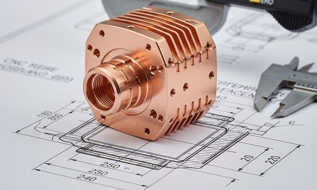 7 Key Points for Selecting Copper Materials in CNC Machining 1 CNC machined copper part on blueprint with tools 1 e1760522990637