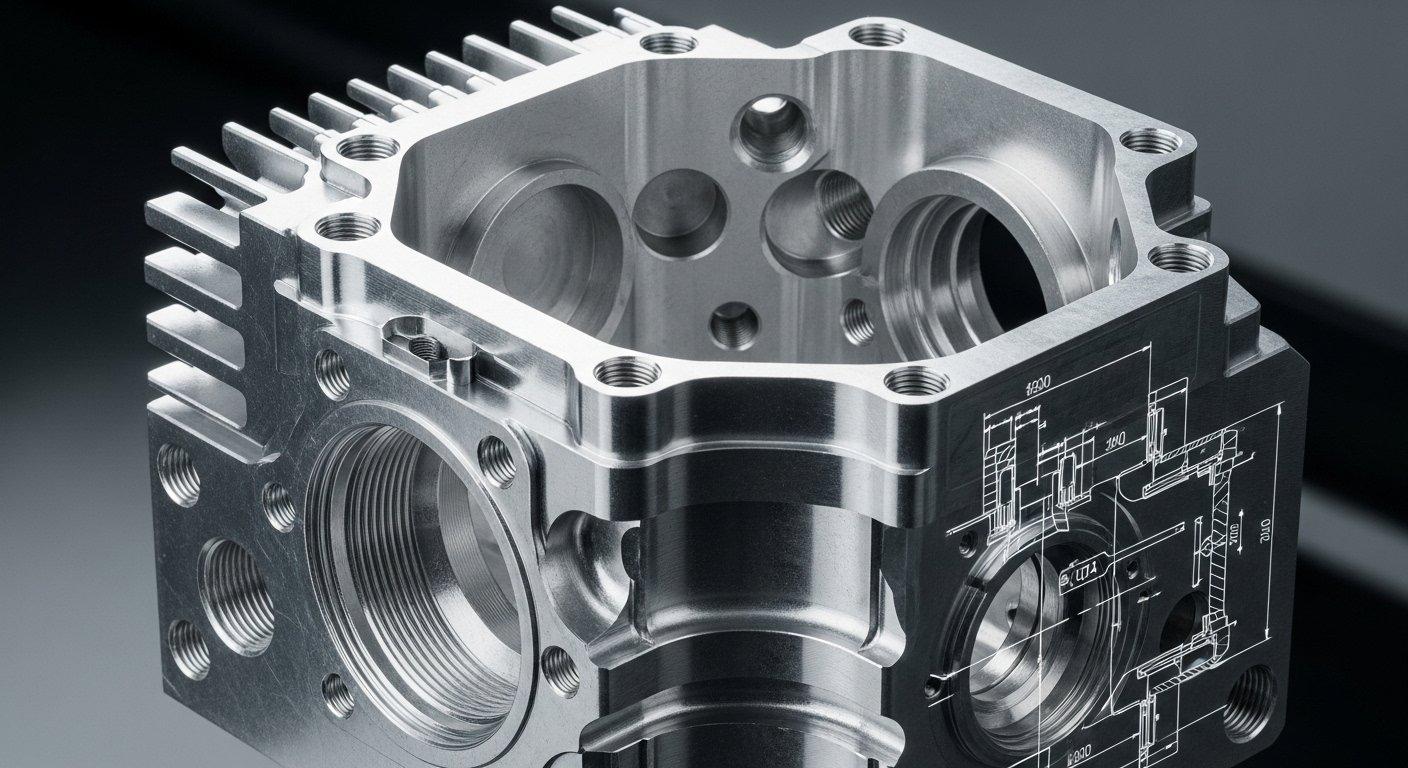 CNC machined high precision aerospace sensor enclosure lustrous aluminum alloy showcasing intricate internal and external features clean surfac