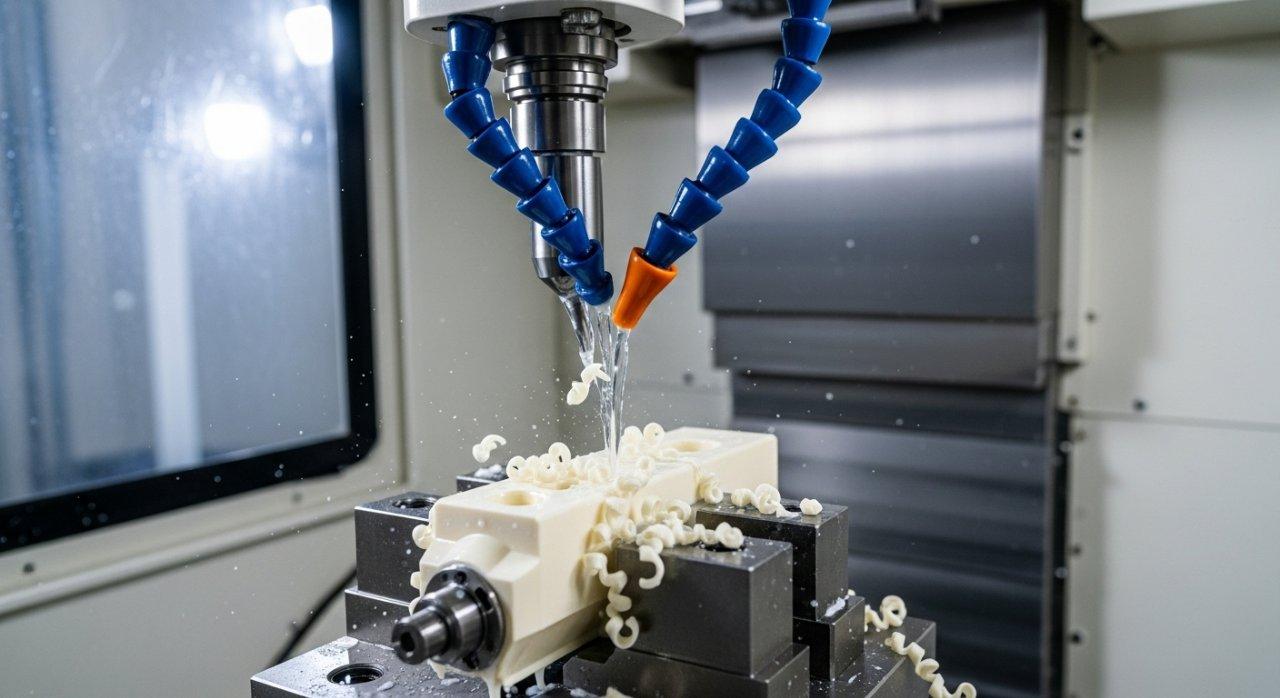 CNC machining, PEEK material processing, coolant application, precision manufacturing, advanced machining
