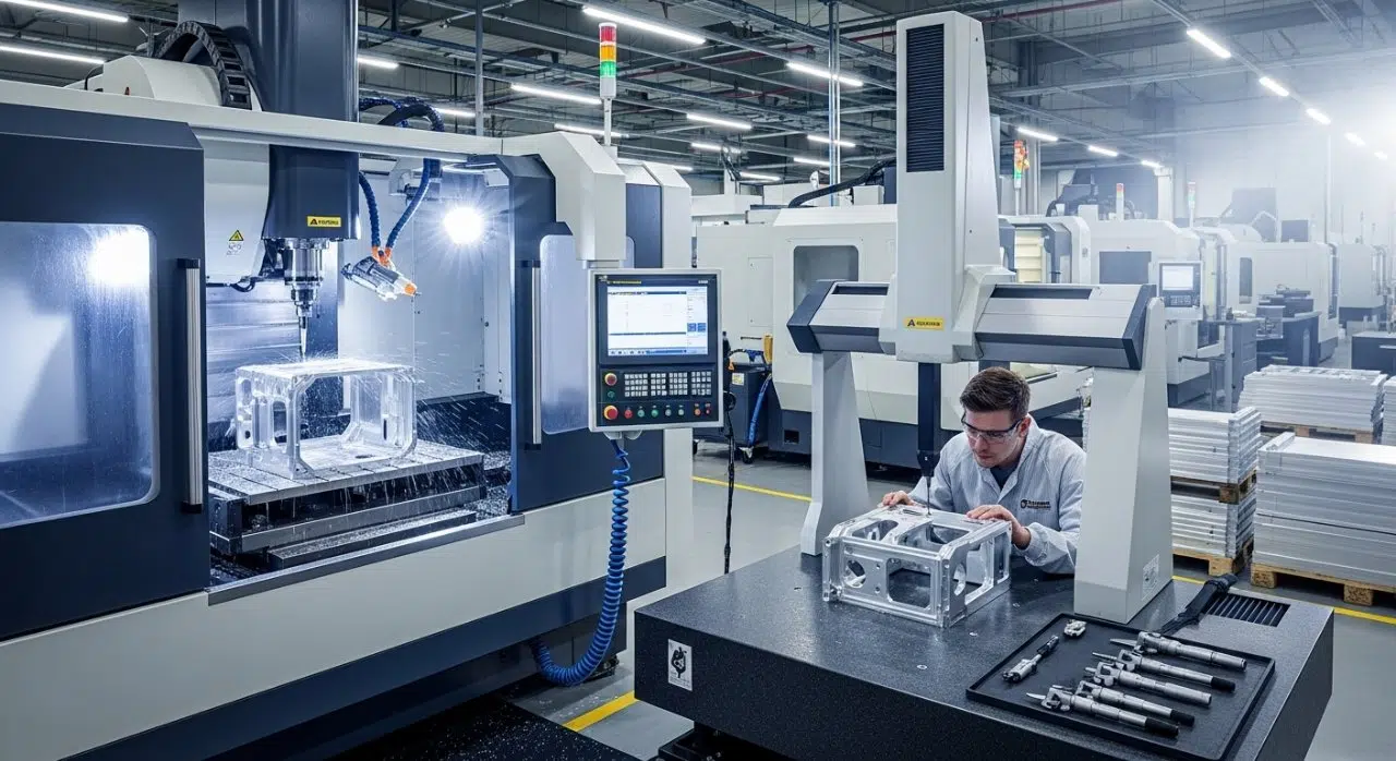 maquinado CNC, fresado multieje, recinto de aluminio, control de calidad, medición CMM
