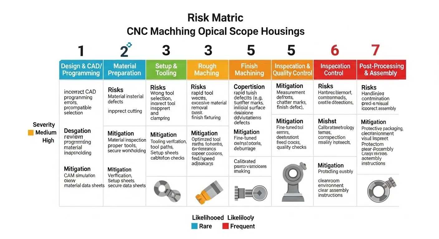 Matriz de riesgos del mecanizado CNC de la carcasa del alcance óptico, infografía que detalla riesgos comunes como distorsión del material, rotura de herramientas y acabado superficial de