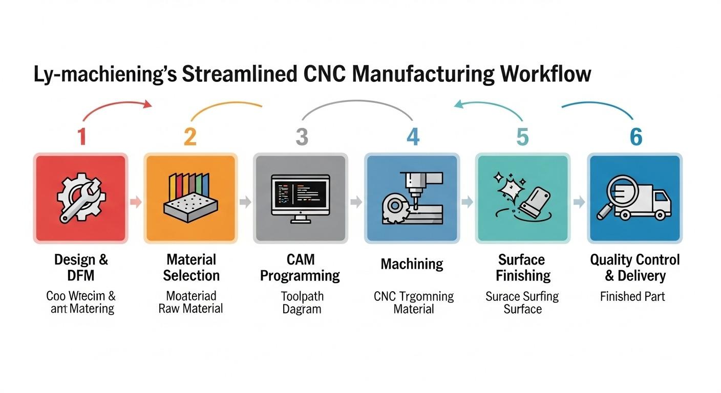 Infografía del flujo de trabajo de fabricación de perillas de metal CNC Un proceso simplificado paso a paso desde el diseño y la selección de materiales hasta la programación CAM mach