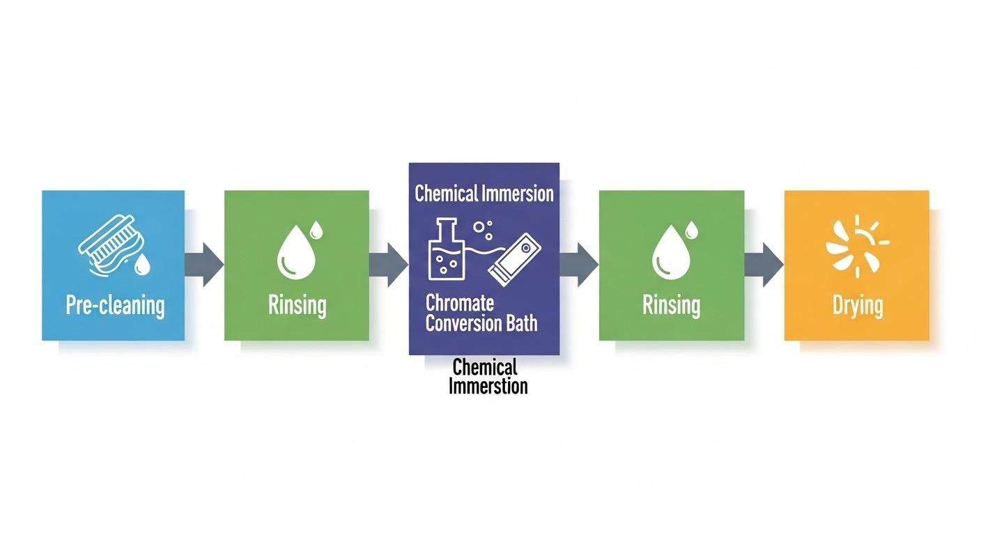 Diagramme de flux du processus de traitement de surface chimique pour l'aluminium, détaillant le pré-nettoyage, le rinçage, l'immersion chimique, par exemple la conversion chromatée, POS