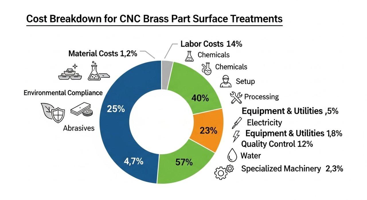 Sauberes und klares Infografik, das die umfassende Kostenaufstellung für Oberflächenbehandlungen von CNC-Messingteilen detailliert darstellt. Die visuelle Darstellung hebt wichtige Ausgabenkategorien hervor, einschließlich Materialkosten (z.B. Plattierungsmaterialien, Chemikalien, Schleifmittel), Arbeitskosten (z.B. Einrichtung, Verarbeitung, Qualitätskontrolle), Geräte & Versorgung (z.B. Strom, Wasser, spezielle Maschinen) und Umweltauflagen, jeweils klar durch unterschiedliche Farben und illustrative Symbole für ein einfaches Verständnis der Fertigungskosten.
