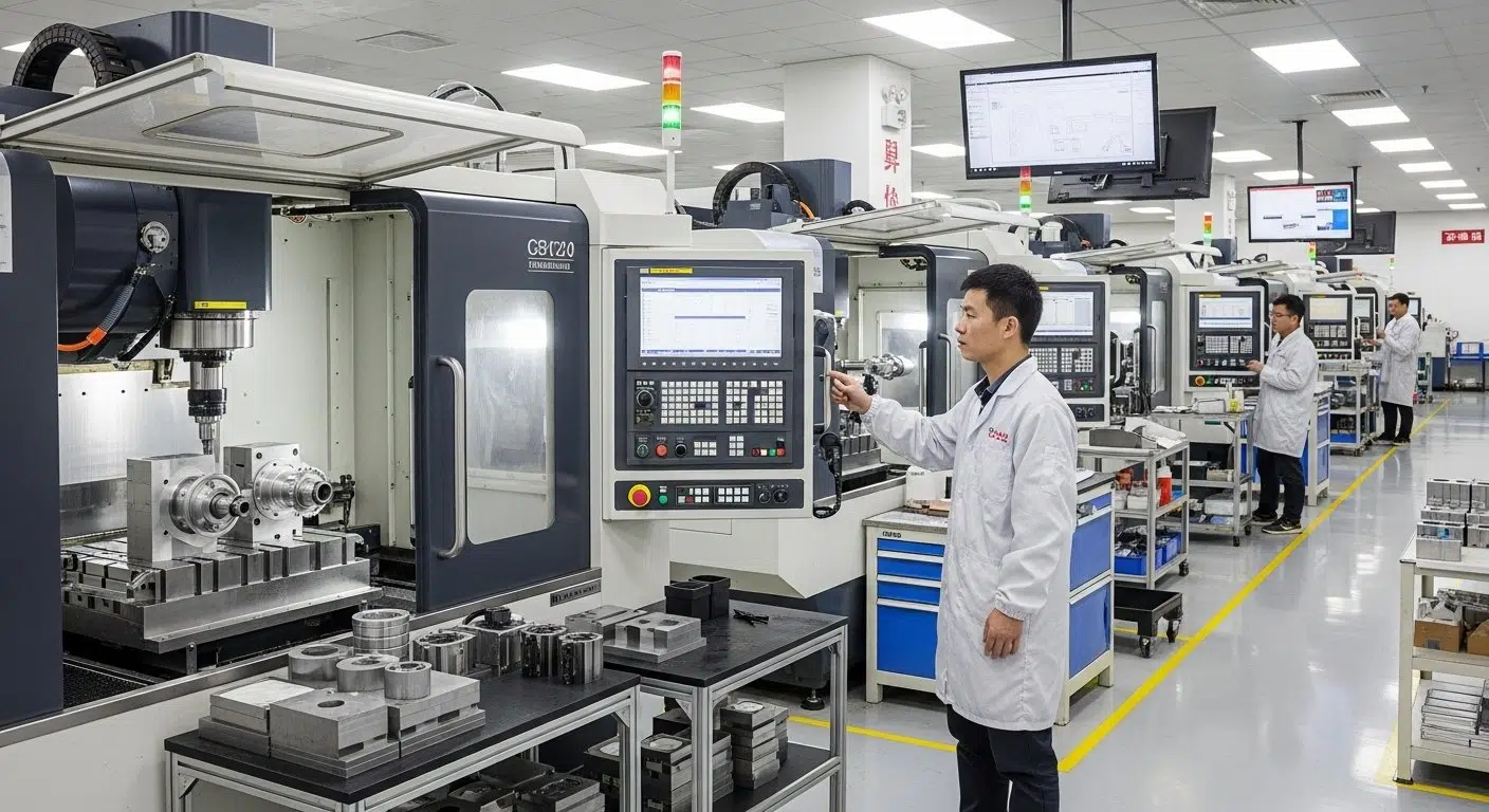 Installation de haute technologie de fraisage CNC propre avec des machines multi-axes modernes produisant des pièces de vélo de précision, mettant en valeur une fabrication automatisée efficace