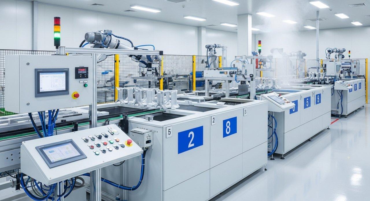 Clean, modern manufacturing facility showcasing an automated pre-treatment line for aluminum parts. Robotic arms and conveyor systems precisely move aluminum components through various chemical baths, with advanced control panels visible in the foreground.