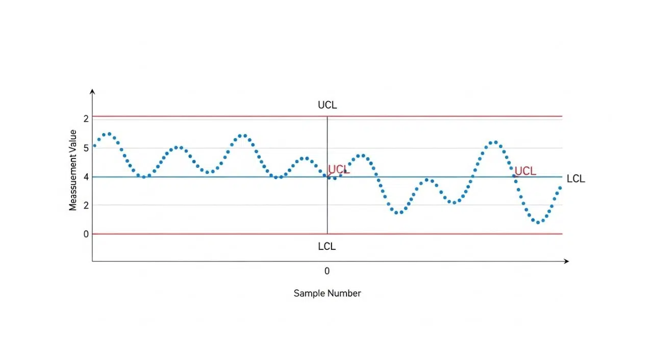 Üst UCL, Alt LCL ve Merkez Çizgileri (CL) içeren İstatistiksel Süreç Kontrolü (SPC) grafiği içeren temiz vektör infografik. Grafik gösterimi