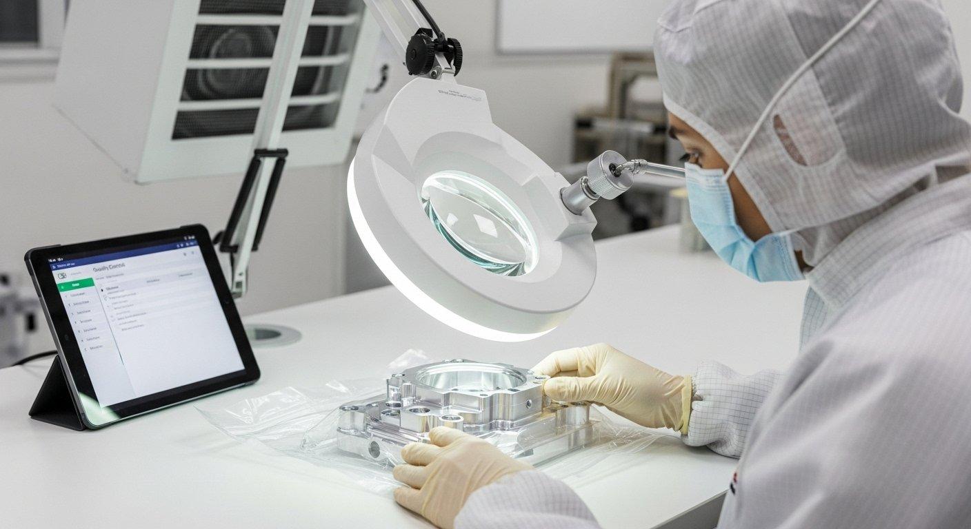 Technicien en contrôle qualité en salle blanche effectuant une inspection visuelle finale d'un emballage scellé contenant une pièce CNC de précision utilisant une loupe