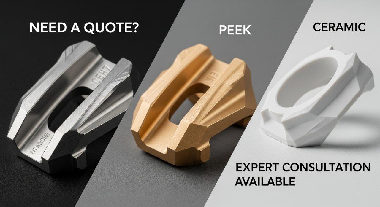 Nahaufnahme-Collage mit drei unterschiedlichen, maßgeschneiderten CNC-gefertigten Teilen aus fortschrittlichen Materialien, die ihre hervorragende Oberfläche und Präzision hervorheben. Die Teile umfassen eine Titanlegierungskomponente, ein Hochleistungs-PEEK-Polymerstück und ein spezialisiertes Keramikteil, jeweils vor einem dezenten Hintergrund präsentiert. Überlagerten Text mit den Aufforderungen "Angebot anfordern?" und der Ankündigung "Expertenberatung verfügbar" für spezialisierten CNC-Fertigung.