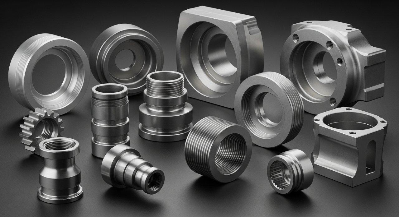 Nahaufnahme in hoher Auflösung, die eine Sammlung komplexer, mehrgliedriger Präzisions-CNC-gefertigter Komponenten zeigt. Die Teile präsentieren